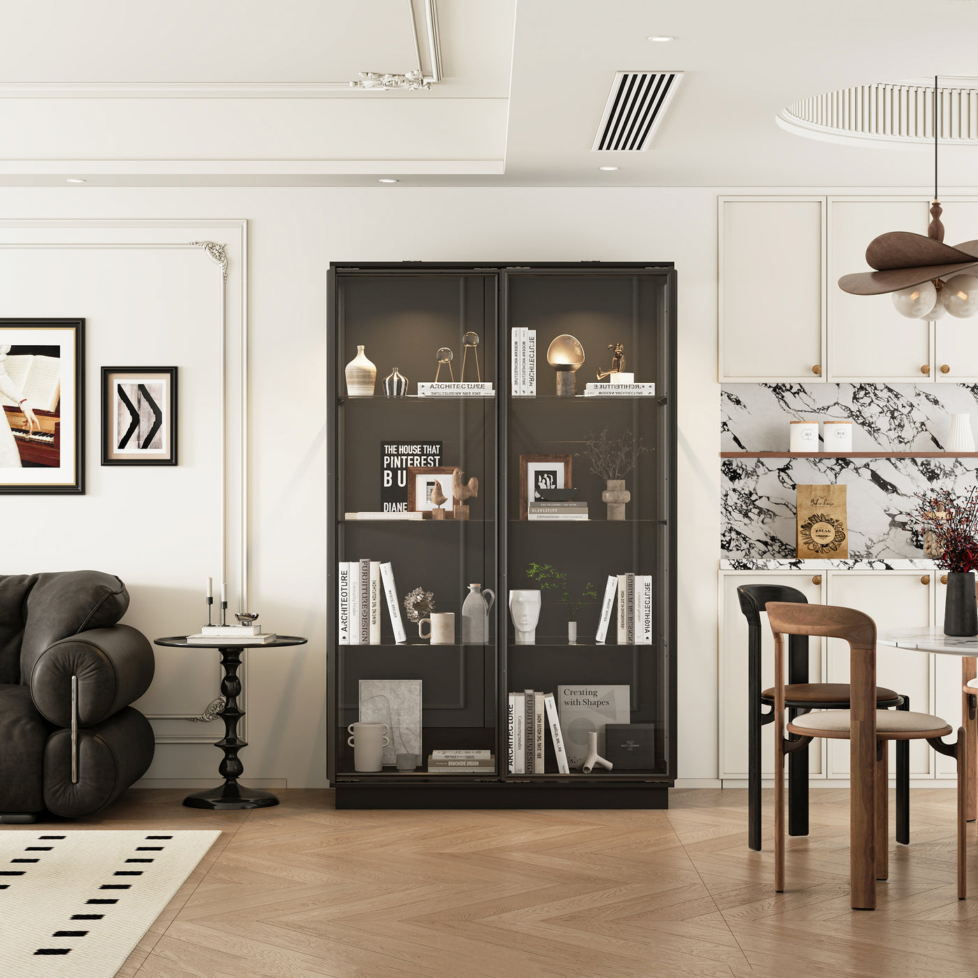 48.1" Modern Black 4-Tier Display Cabinet With Glass Doors and Lights