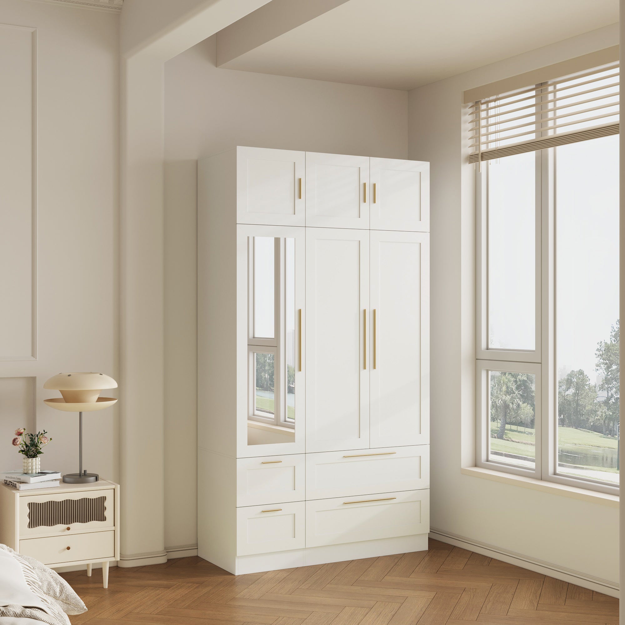 White armoire with mirror door, top cabinets, and lower drawers
