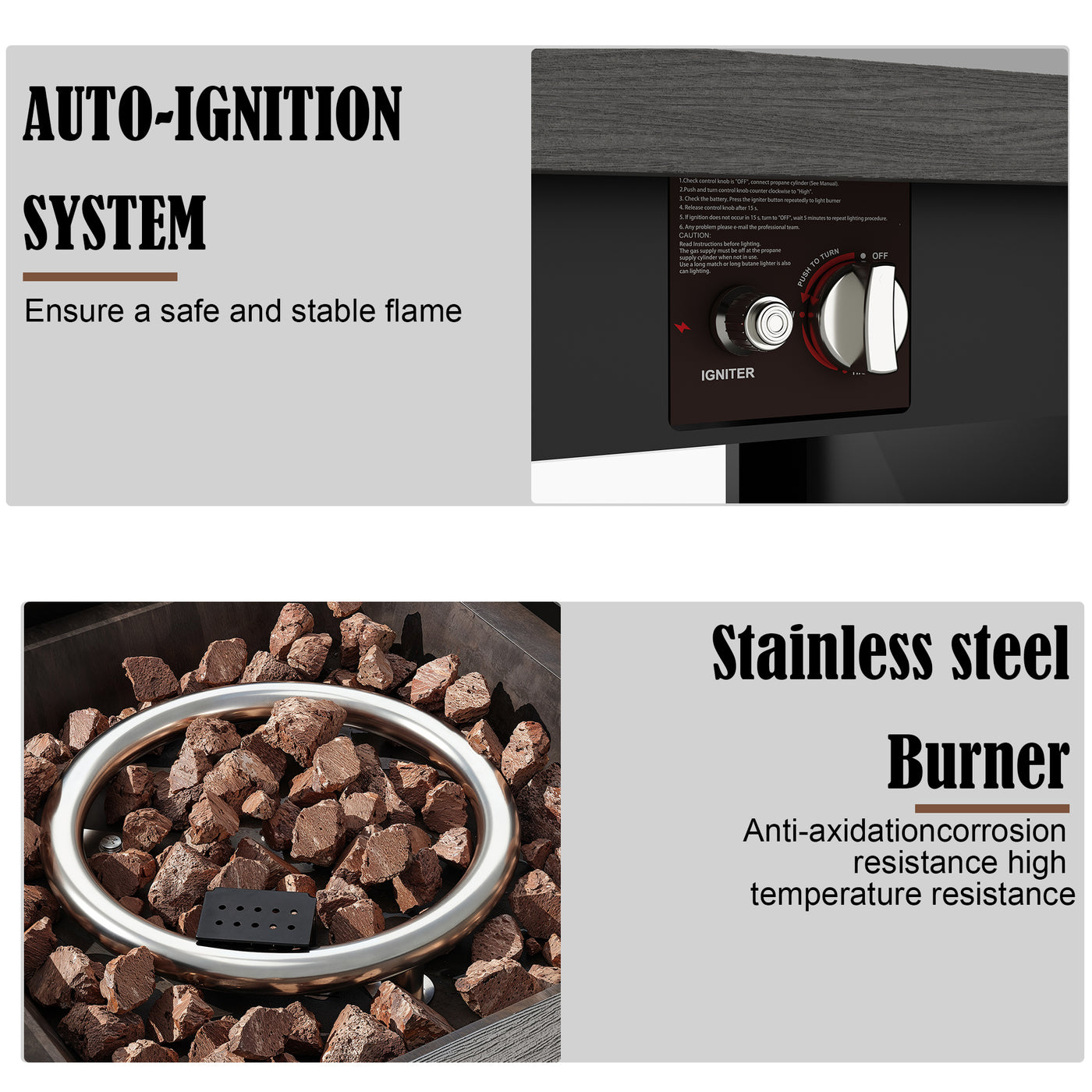 Stainless steel burner with auto-ignition system and text highlighting features.
