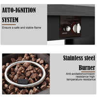 Stainless steel burner with auto-ignition system and text highlighting features.