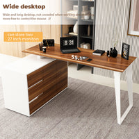 54.3" Mid-Century Modern L-Shaped Corner Computer Desk with Drawers and Wood Grain