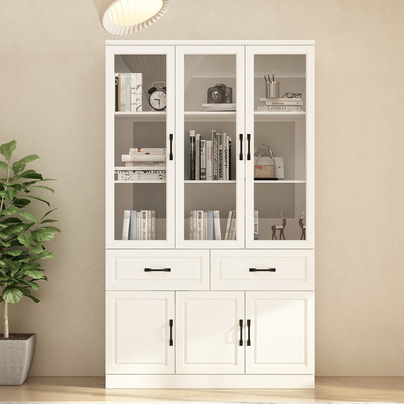 Vila 47" Classic White Display Cabinet & Bookcase with 2 Drawers and Glass Doors