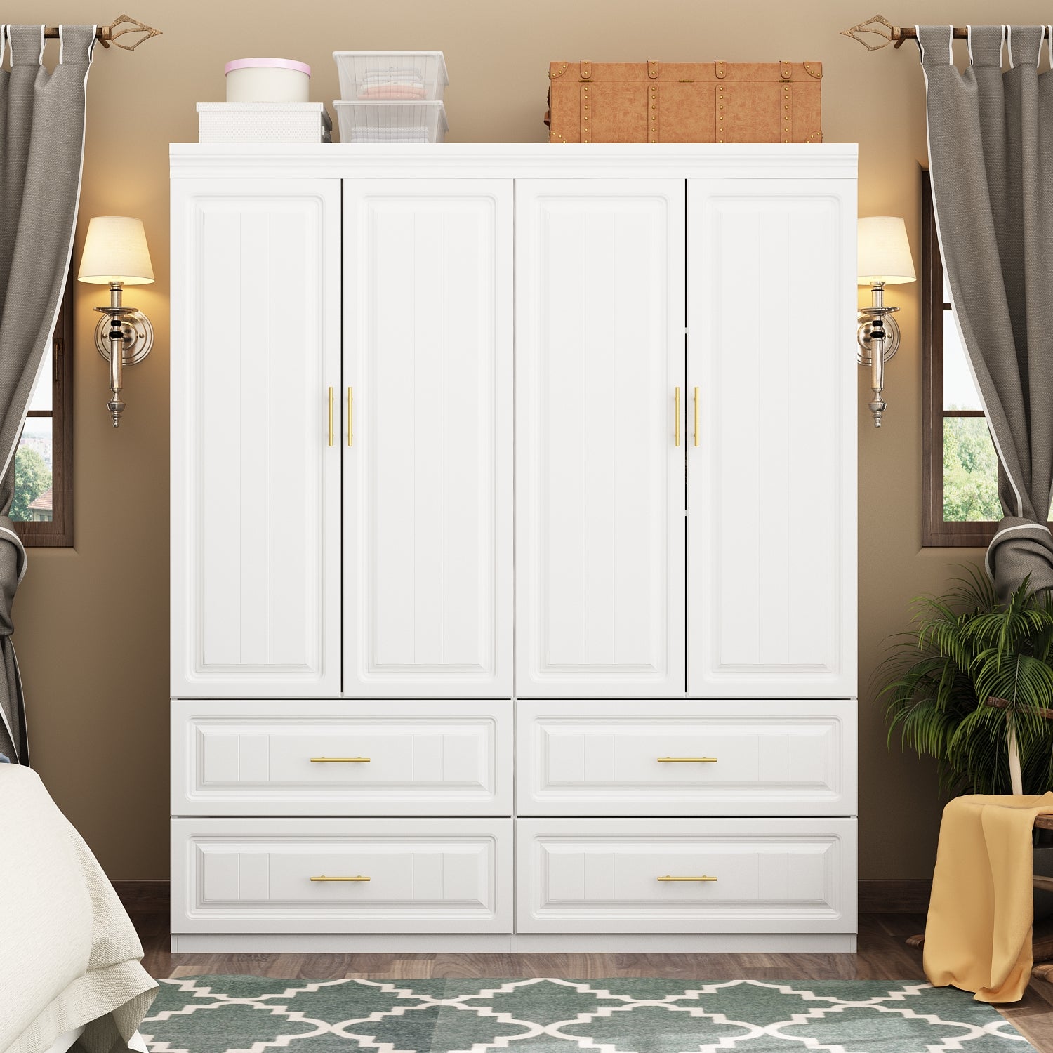 Family Cabinet Wardrobe Bedroom Armoire Home Closet 4 Doors and Drawers