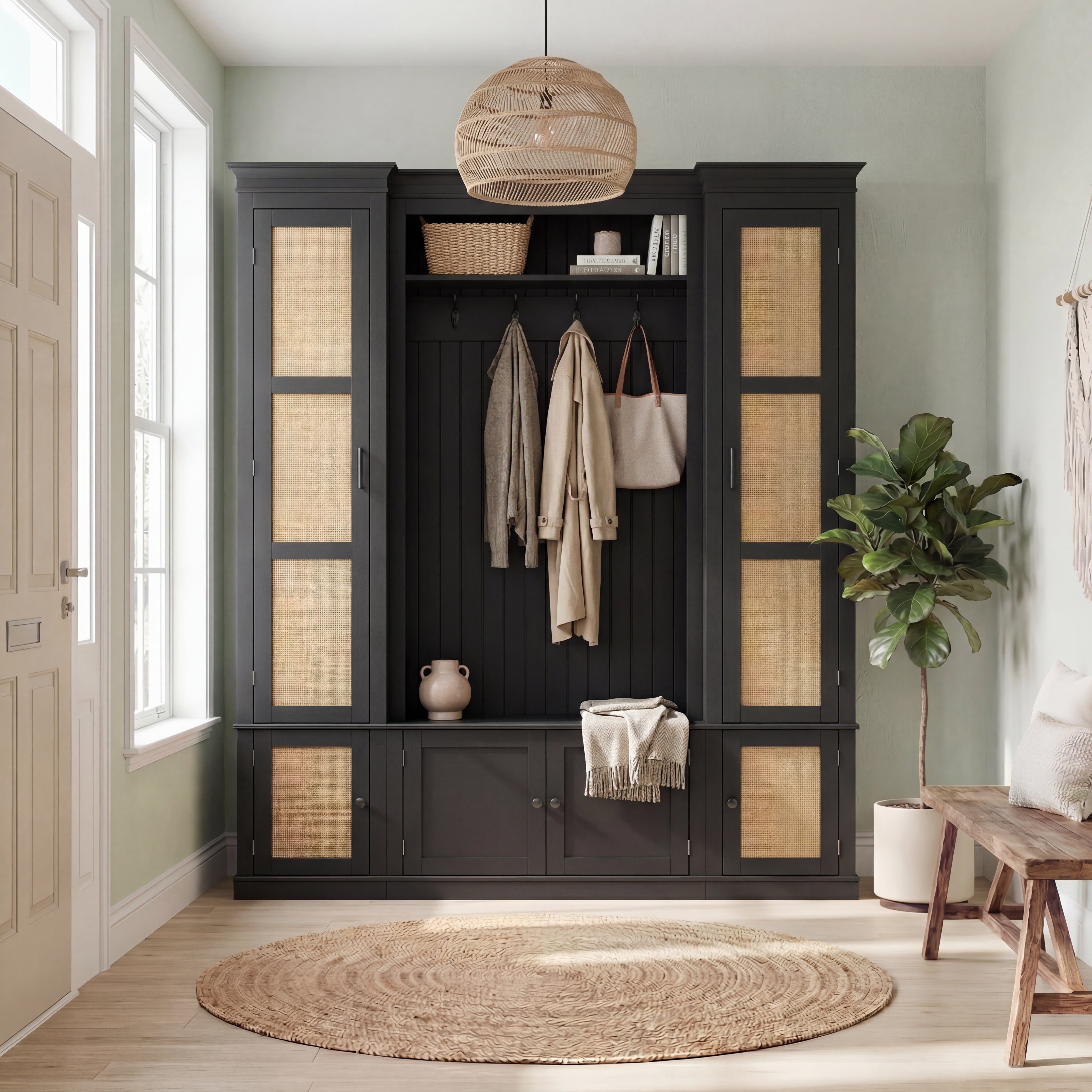 63.2 inches Black Farmhouse 4‑In‑1 Hall Tree Entryway Organizer with Coat Rack, Shoe Storage Bench & Rattan Side Cabinets
