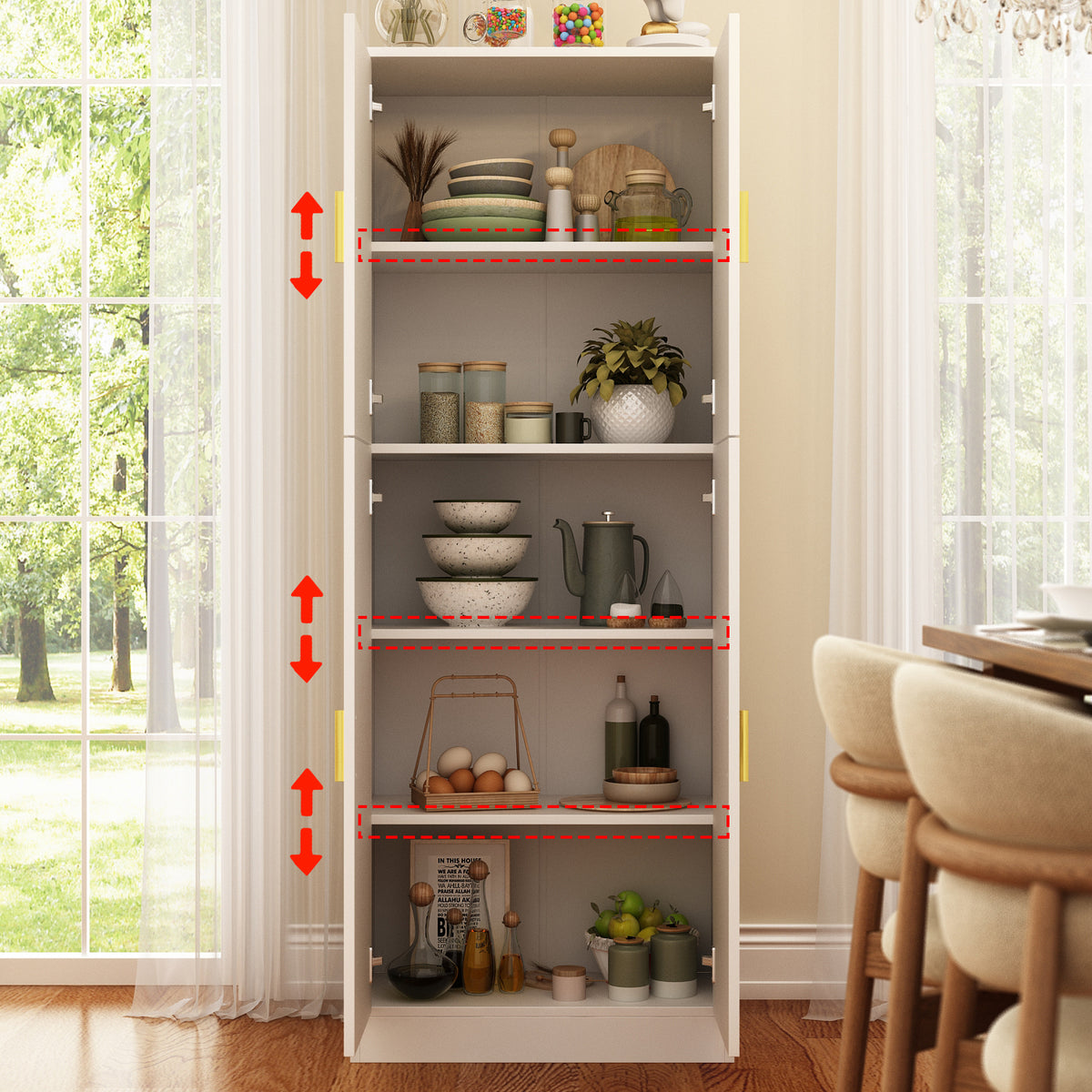 61" Modern White Food Pantry Cabinet with 5-Tier Shelving