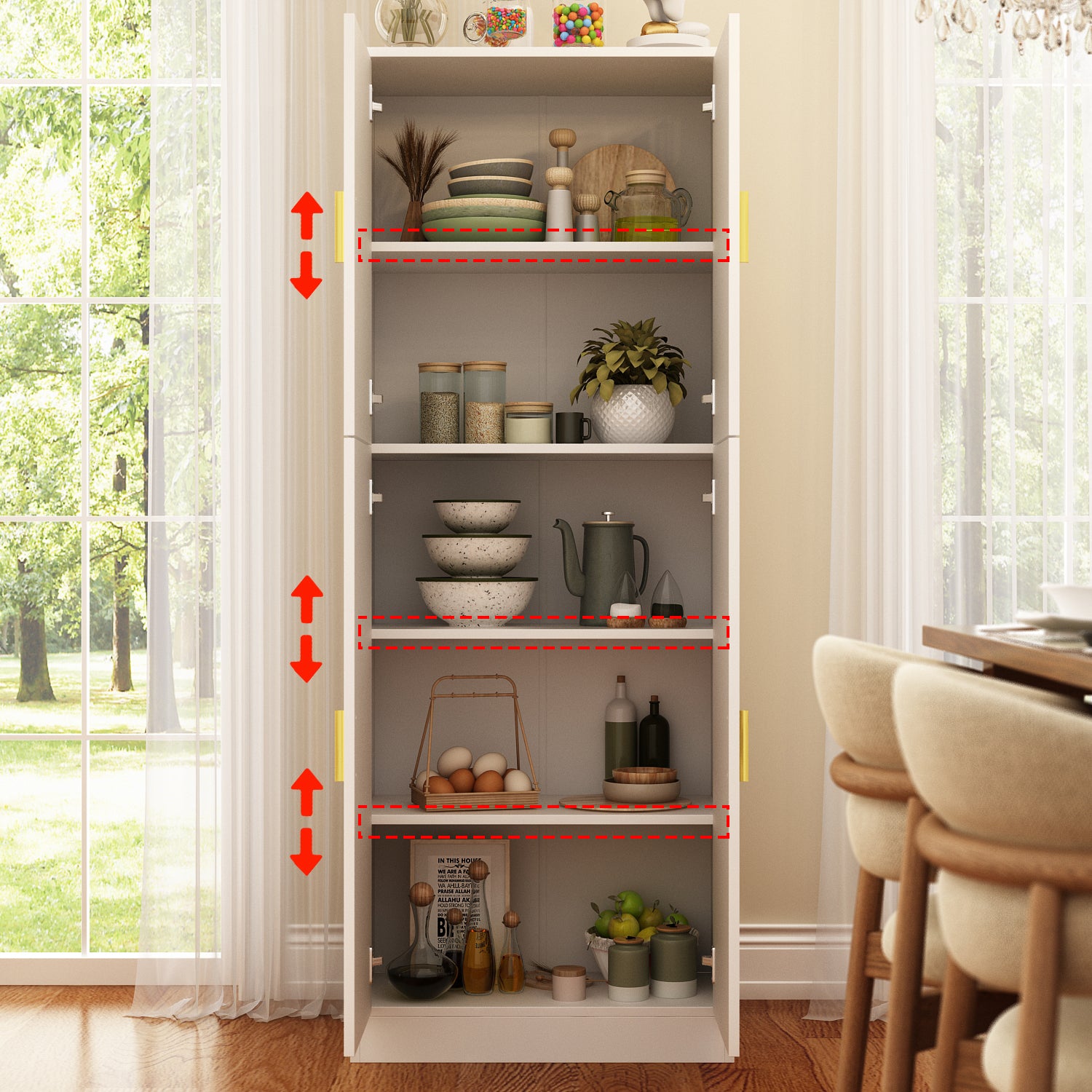 61 inch Modern White Food Pantry Cabinet with 5-Tier Shelving
