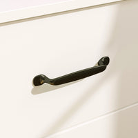 Black handle on a white cabinet door