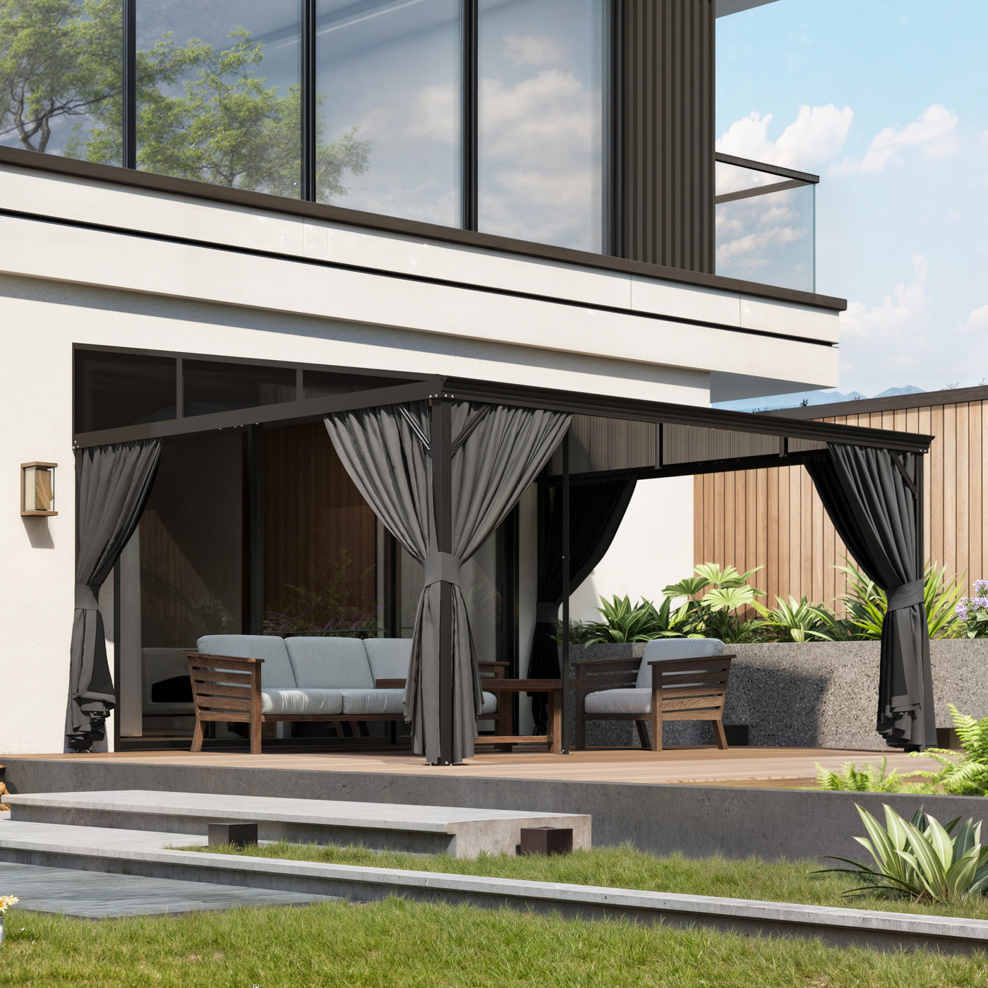 165.7" Modern Black Patio Gazebo with Curtains and Mosquito Net