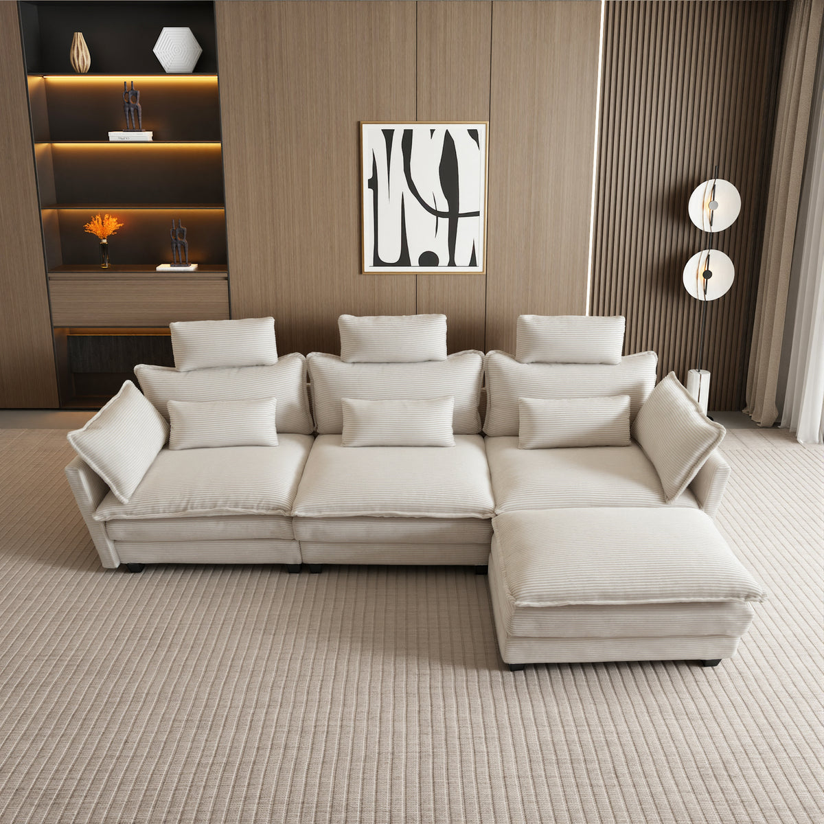 112" L-Shaped Modular Sectional Sofa with Ottoman and Pillows
