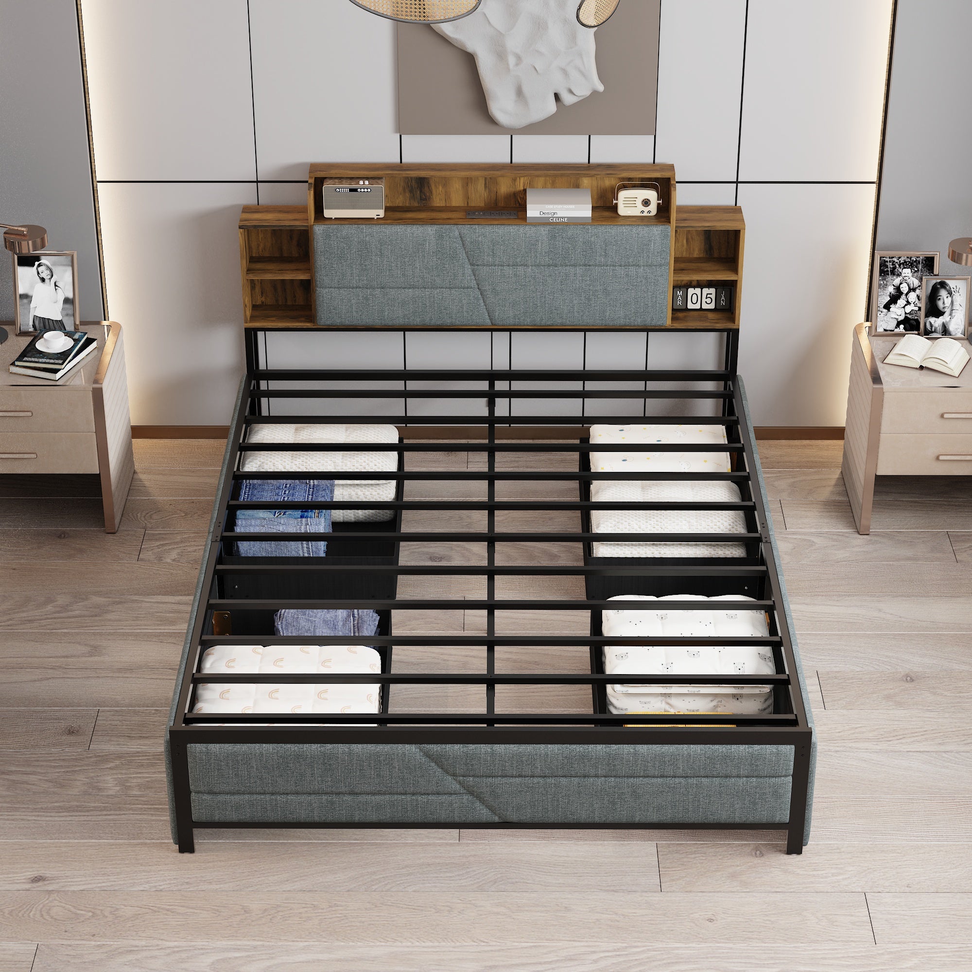 Low Profile Platform Bed With Storage Drawers And Power Outlet