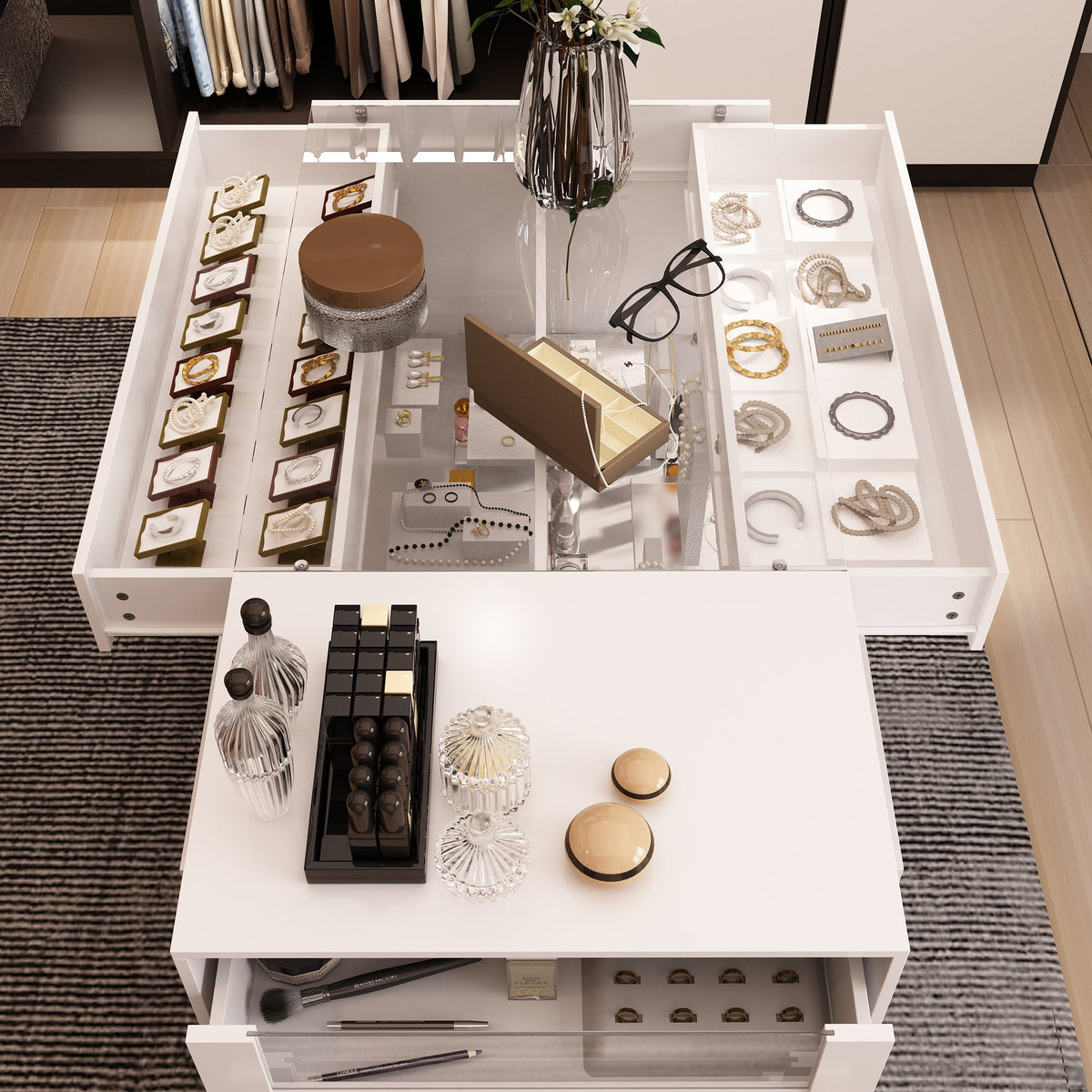 47.2" Modern White Closet Island with Strong Storage and Glass Top