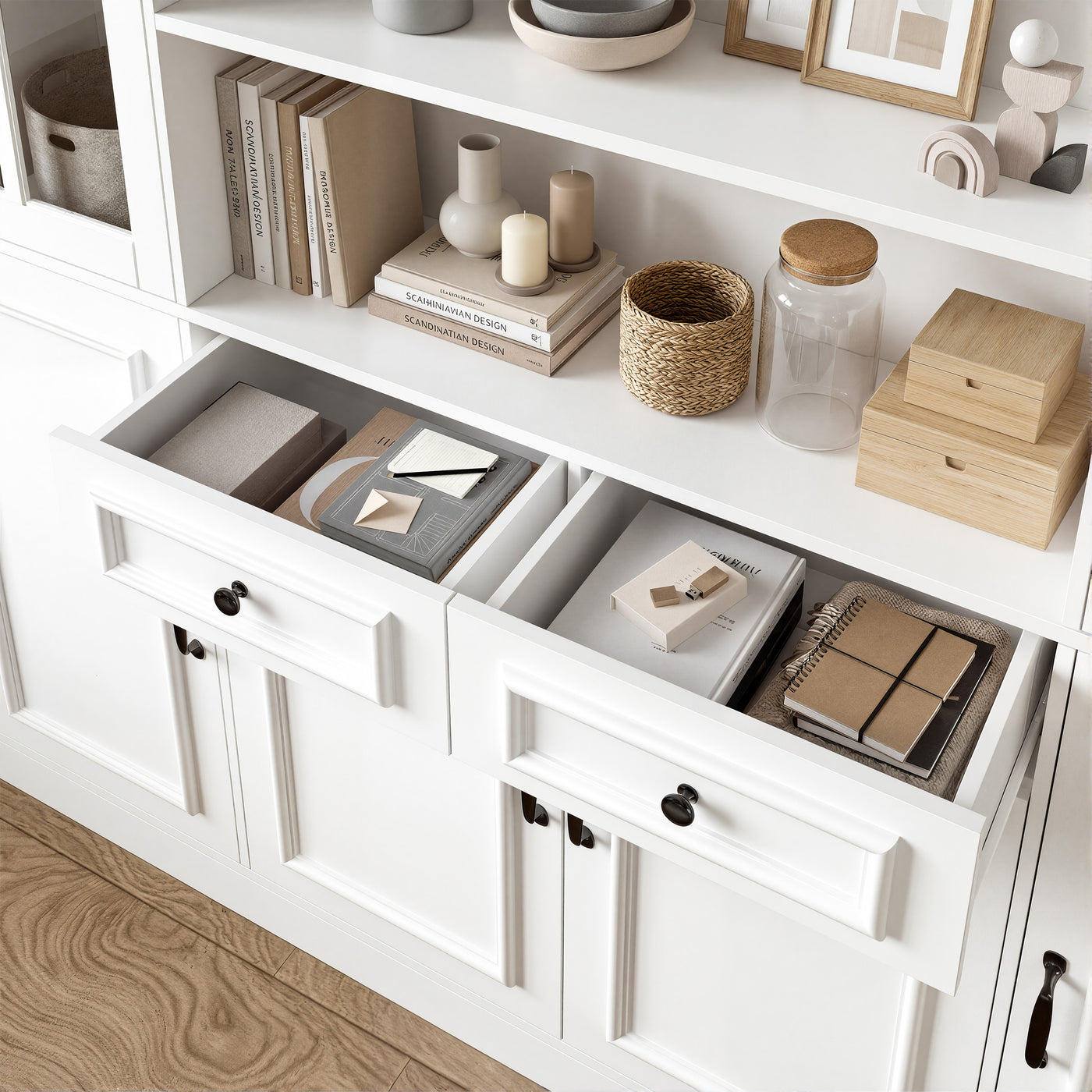 Sofna 141.7" Extra Wide White Filing Storage Cabinet with 9 Glass Doors and 2 Drawers
