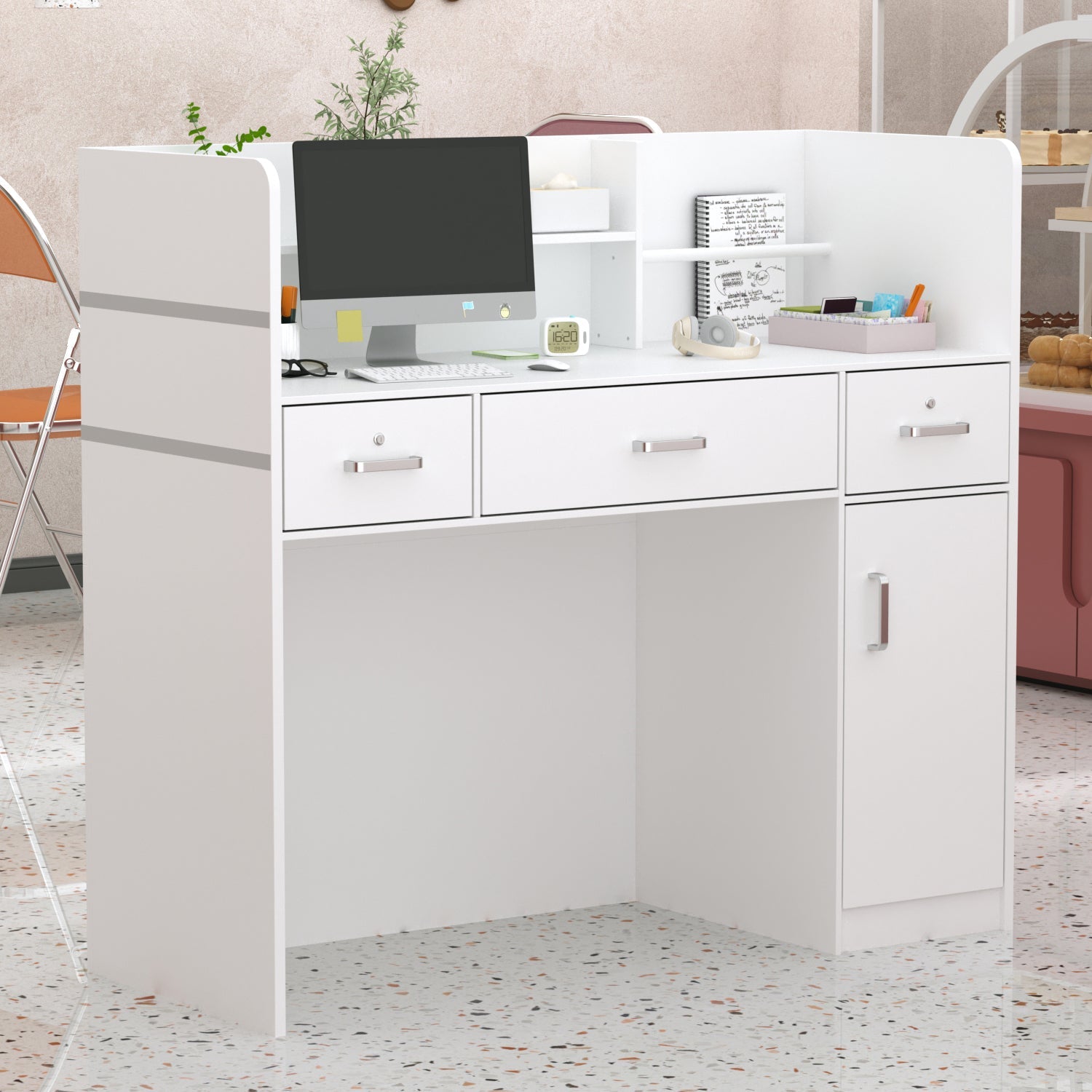 Modern Wooden Reception Desk Computer Table with Filing Cabinet Lockable Storage 47"W