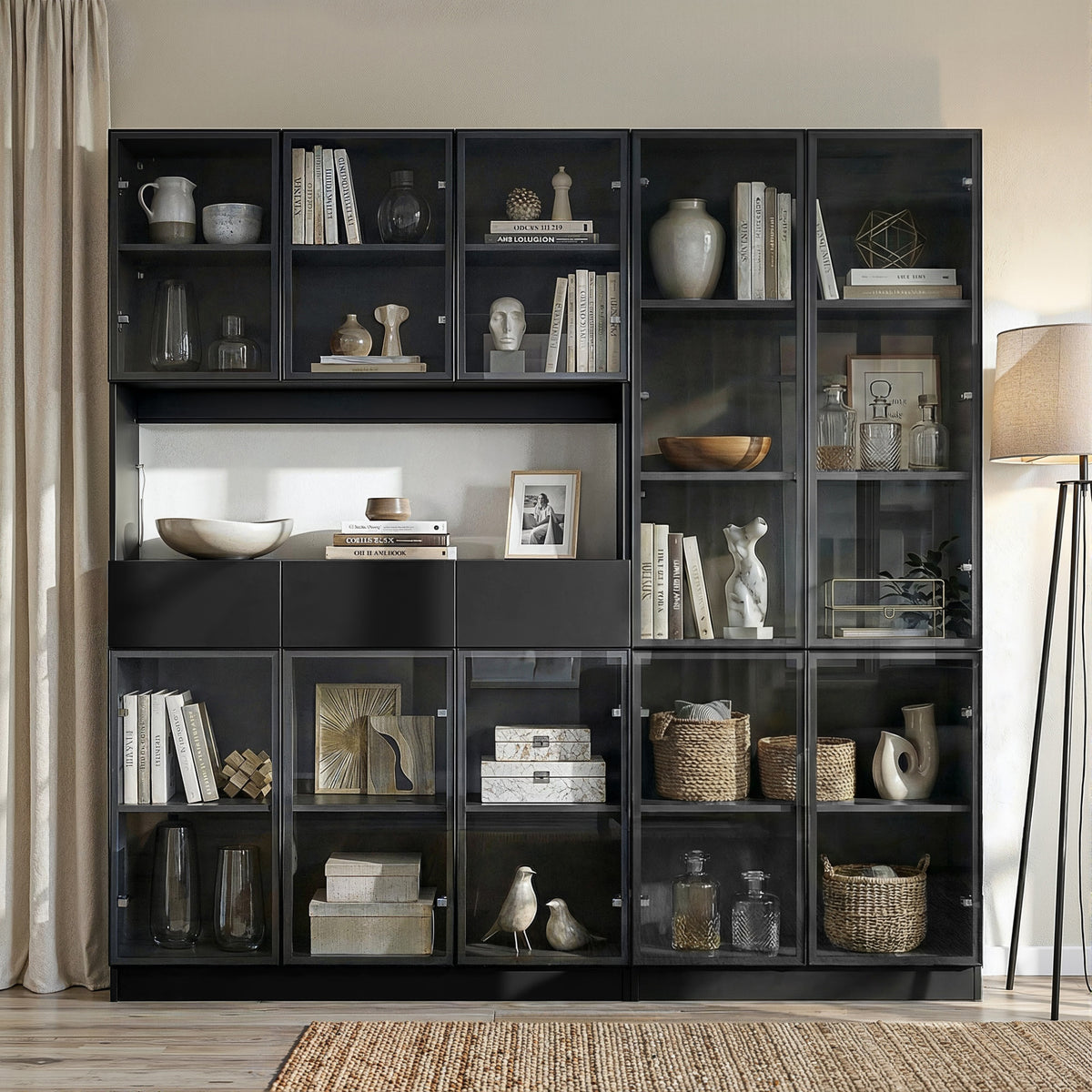 78.7 inch Large Bookcase with Glass Doors and 3-Color Changing LED Lights