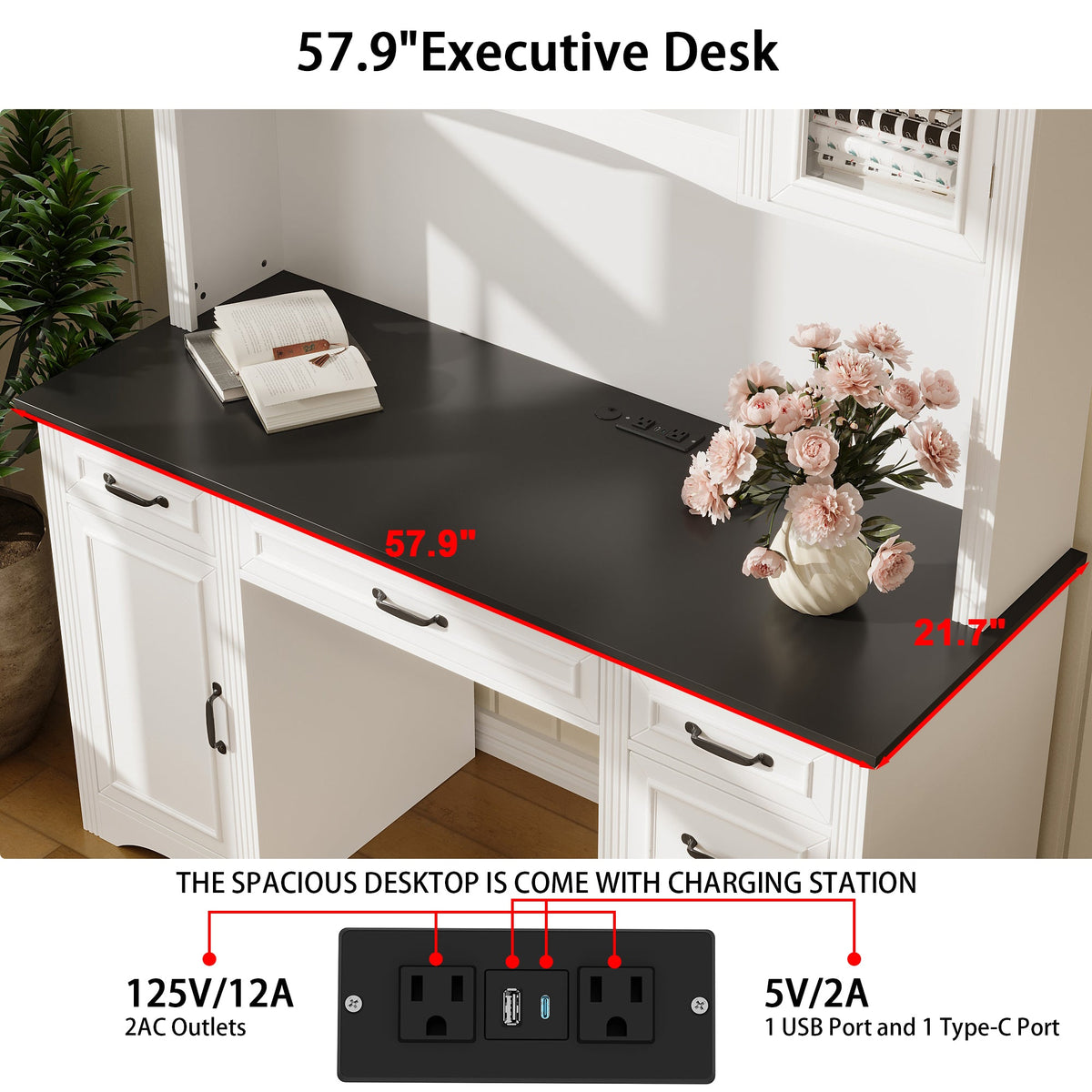 58" Farmhouse White Computer Desk With 6 Drawers, Hutch And Socket