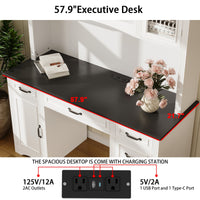 58" Farmhouse White Computer Desk With 6 Drawers, Hutch And Socket
