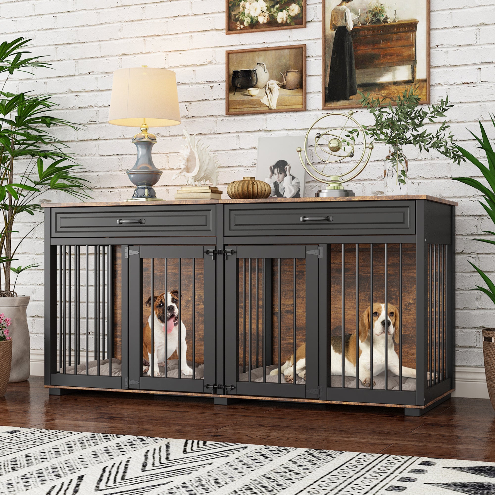 Large Wooden Dog Crate with Divider and Side Table