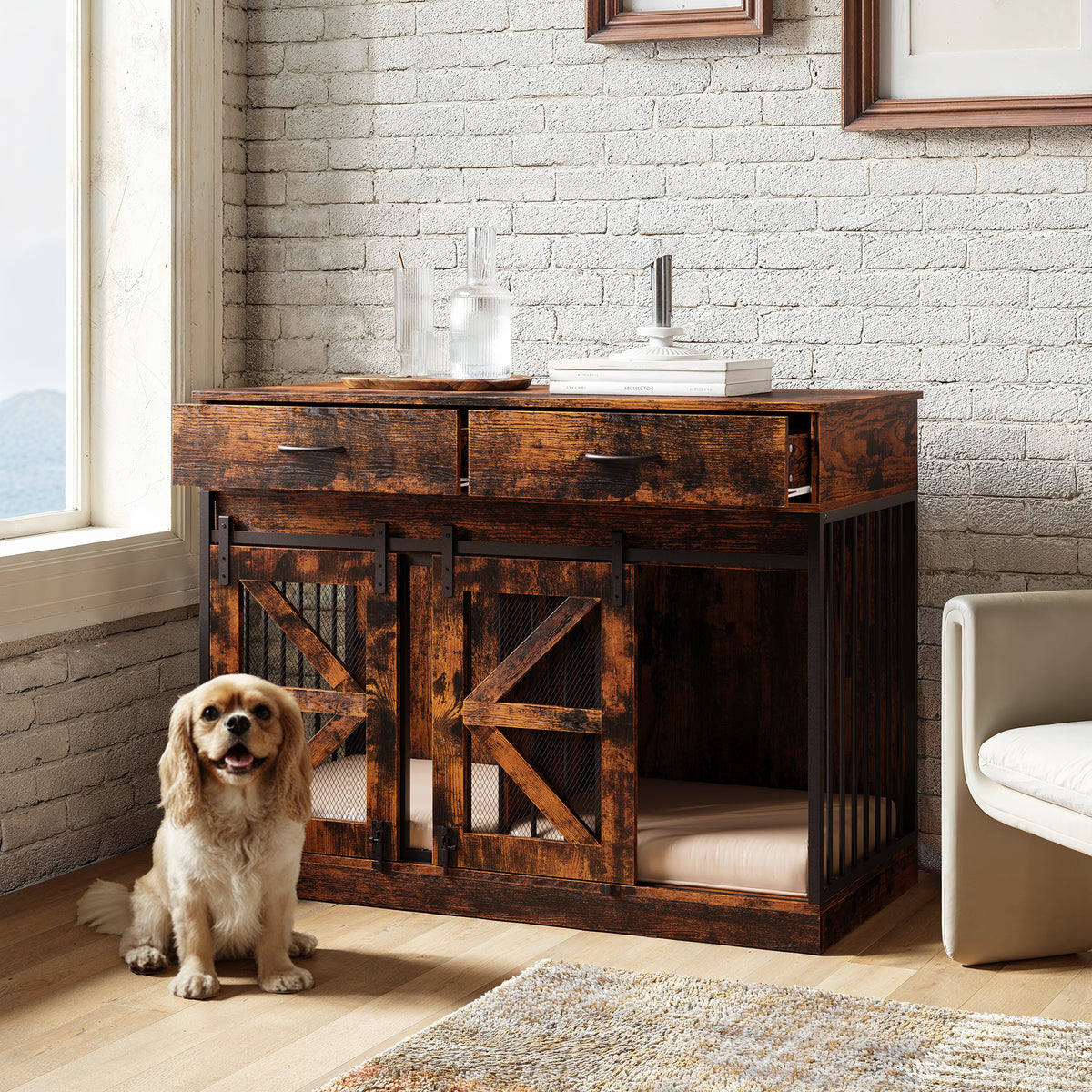 47.2" Heavy-Duty Brown Dog Crate with Barn Doors and Steel Frame