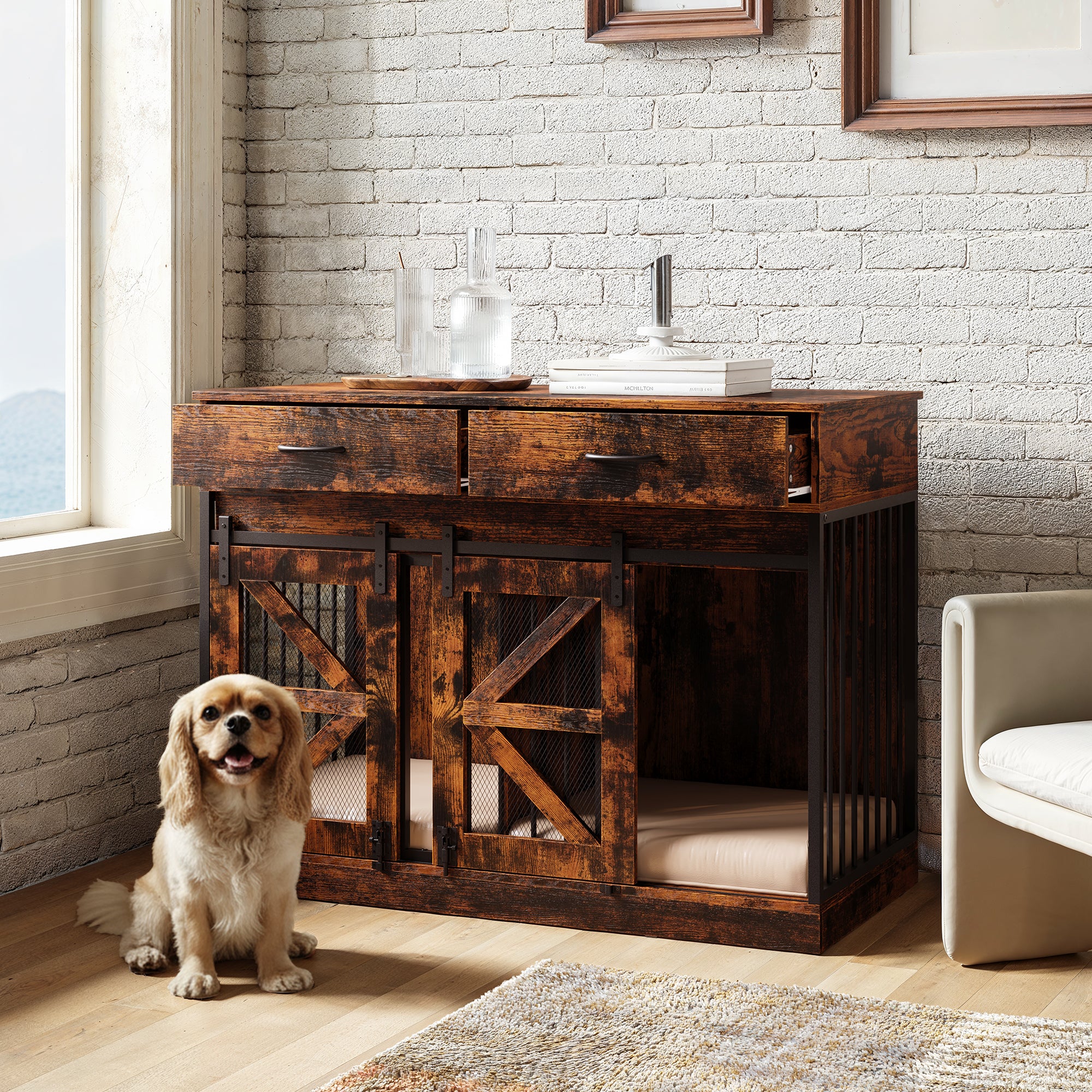 Small Dog Crate With Barn Doors, Steel Frame, Double Rooms