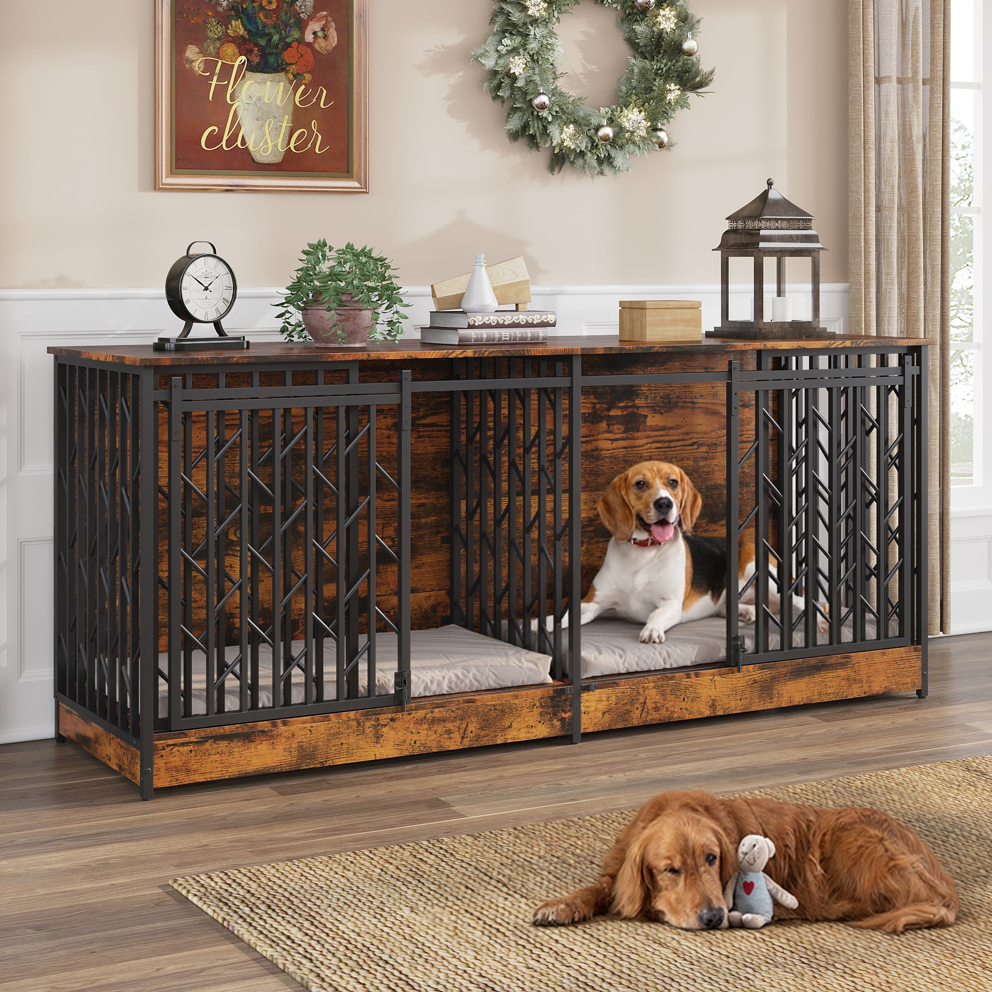 78.7 inch Chew-Proof Brown Dog Crate with Barn Doors and Double Separa