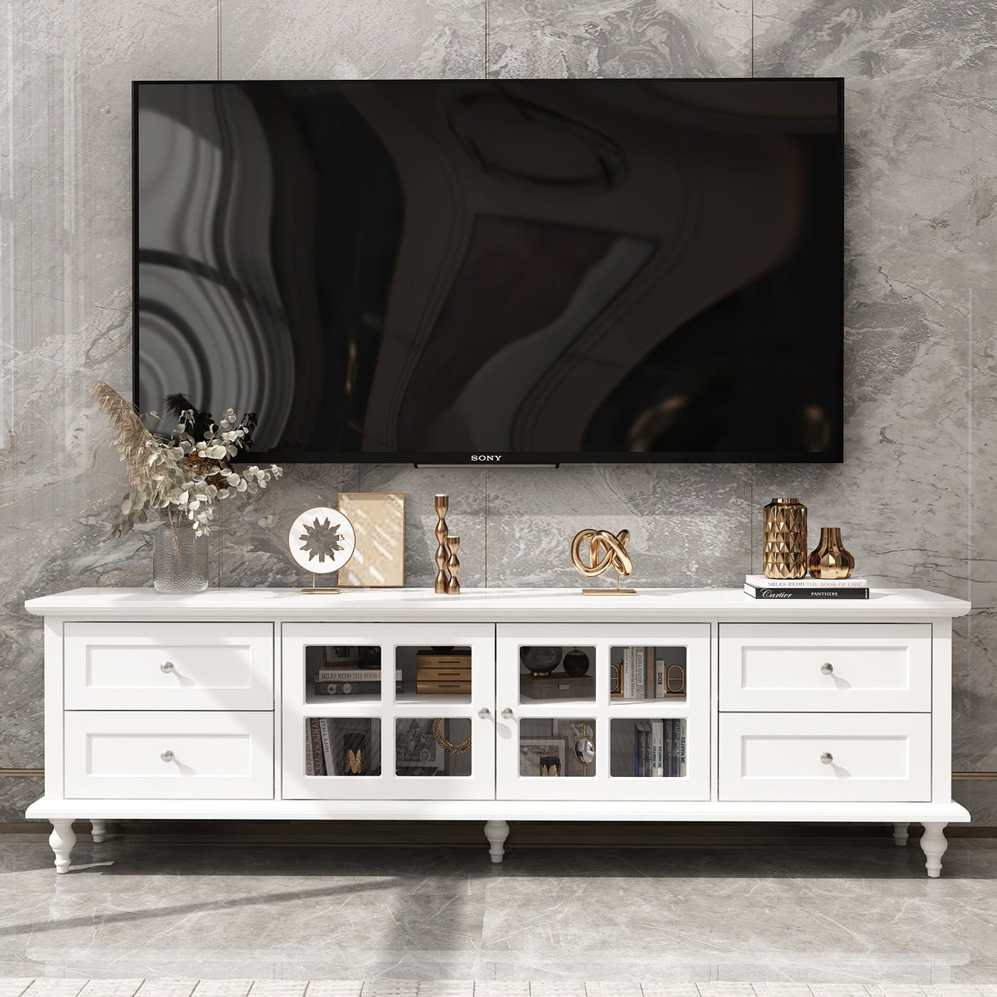 70.9" Modern Minimalist White TV Stand with Cabinets And Drawers