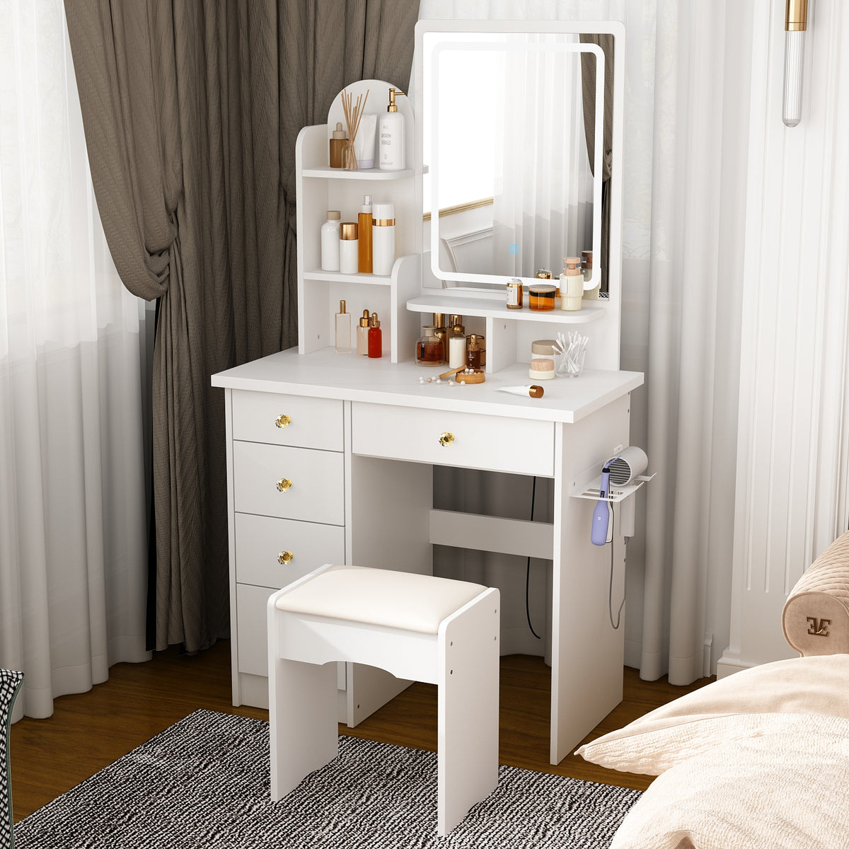 31.5" Modern White Glam Makeup Vanity Set with Socket, LED Light and Stool