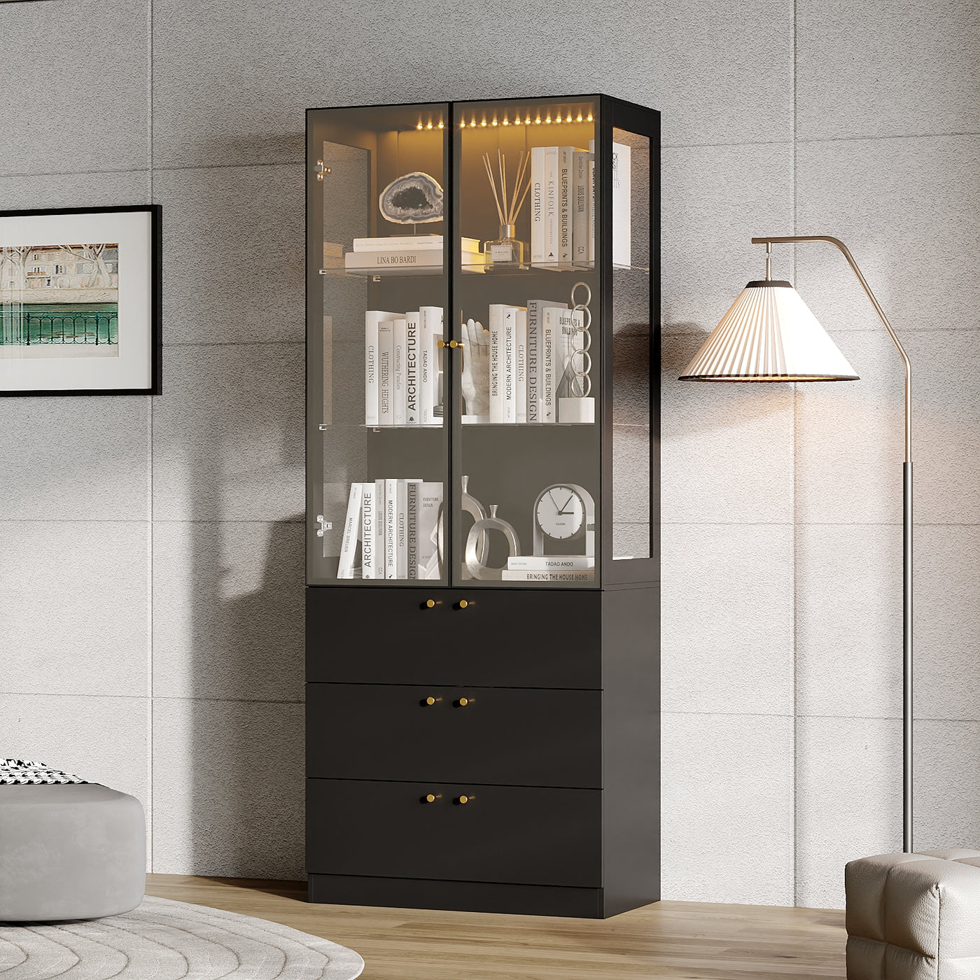 31.5" Modern Black Display Bookcase with LED Light and Glass Doors