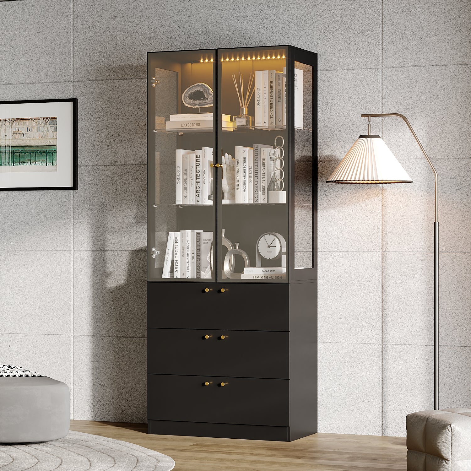 78.7'' H X 31.5'' W Display Bookcase With Led Light & Glass Doors