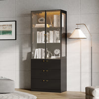31.5" Modern Black Display Bookcase with LED Light and Glass Doors