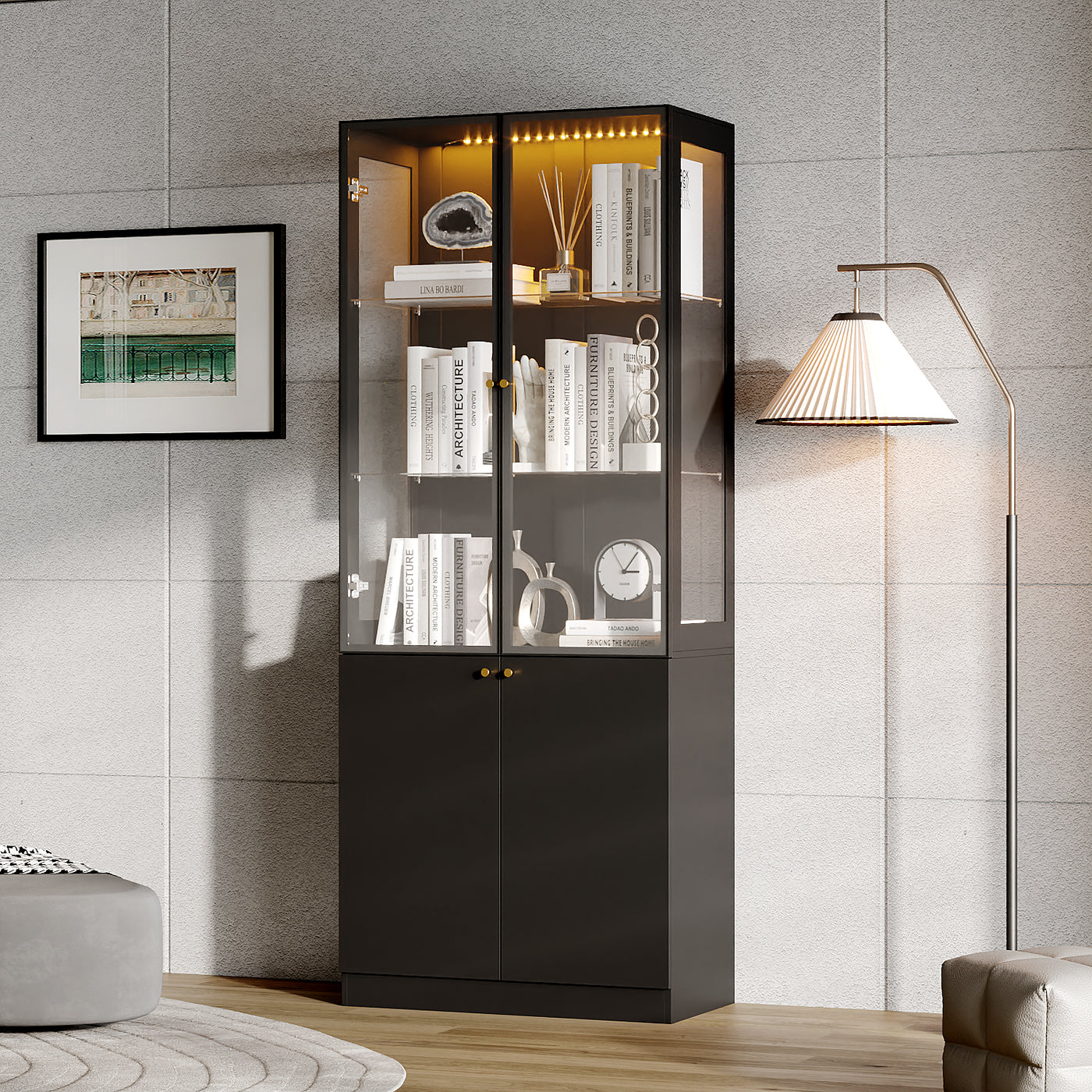 31.5" Modern Black Display Bookcase with LED Light and Glass Doors
