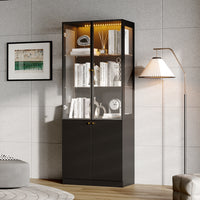 31.5" Modern Black Display Bookcase with LED Light and Glass Doors