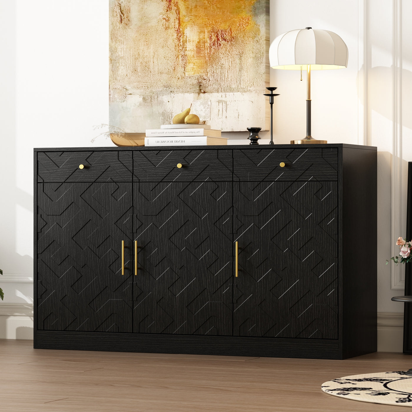 47.2" Rustic Black Embossed Accent Cabinet with 3 Drawers and Adjustable Shelves