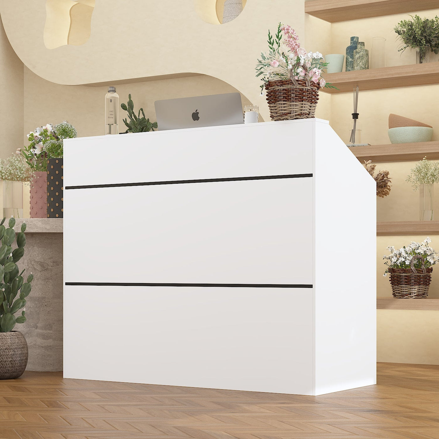 47.2" Modern White Rectangular Reception Desk With Open Shelves