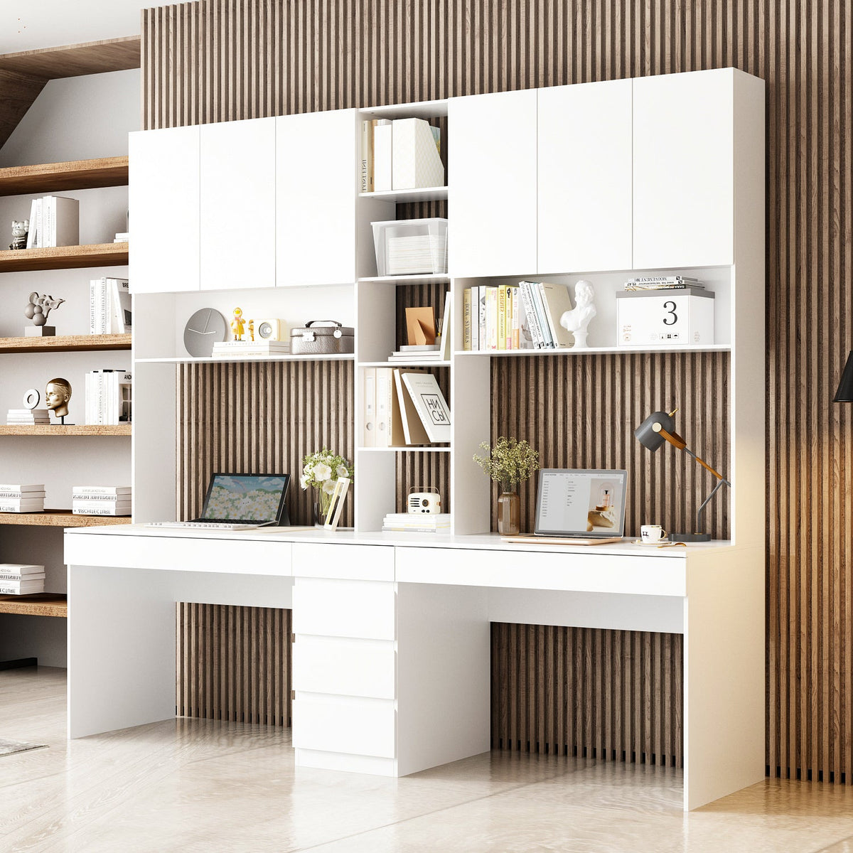 94.5" Modern White Desk with Hinged Doors and Pull-out Drawers