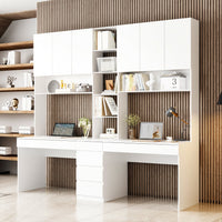 94.5" Modern White Desk with Hinged Doors and Pull-out Drawers