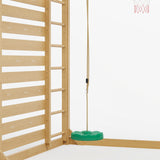 Wooden climbing frame with a green swing on a white background
