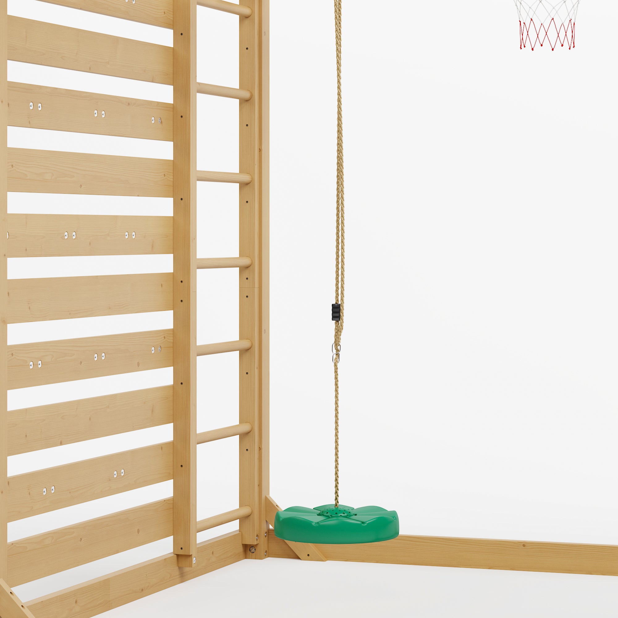 Wooden climbing frame with a green swing on a white background
