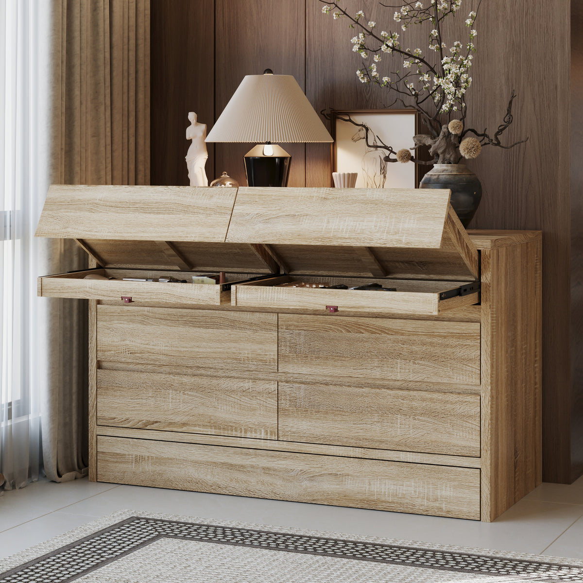 55.1" 7-Drawer Wood Chest Dresser with Hidden Compartments and Large Kick Drawer