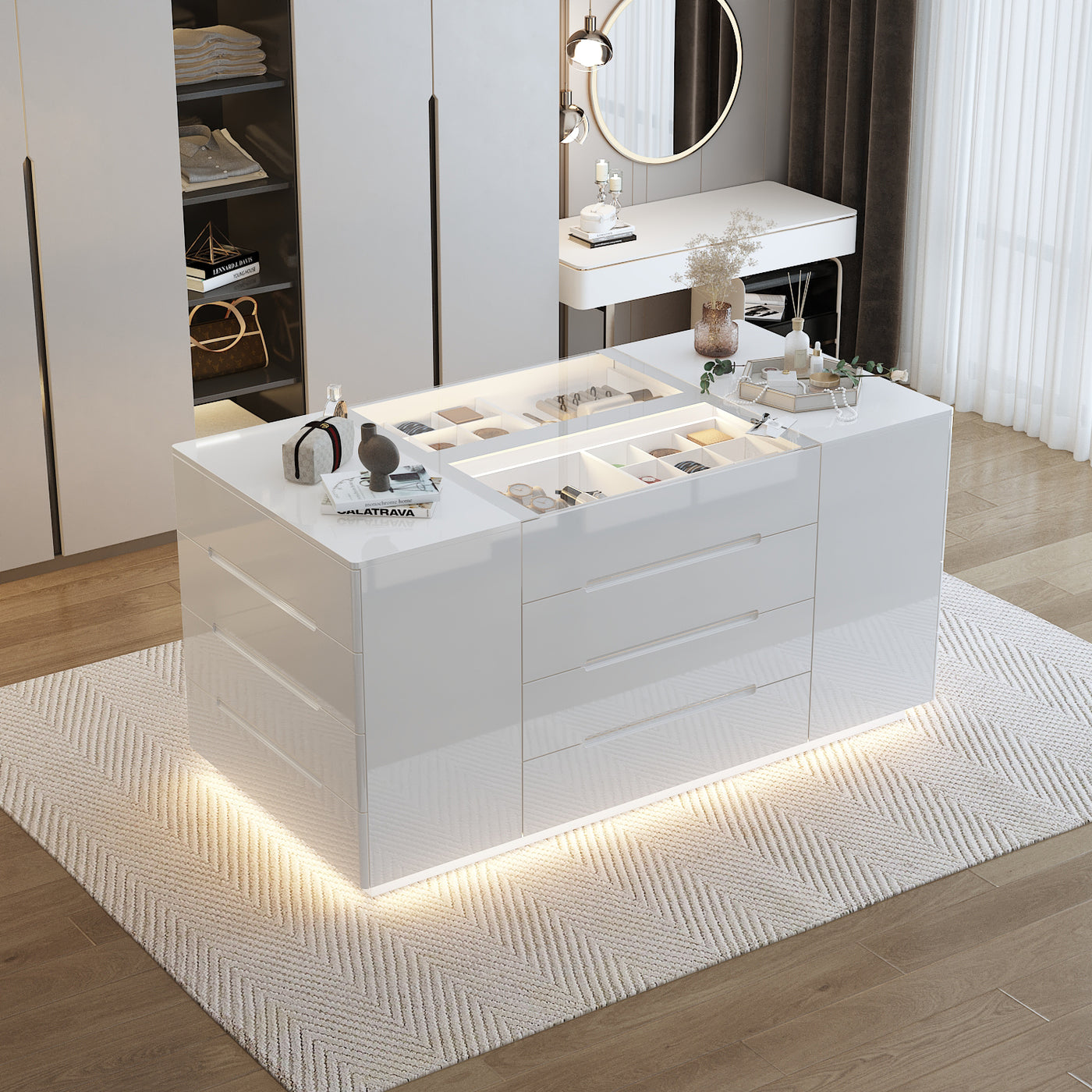 Modern white vanity with mirror and various items on a rug