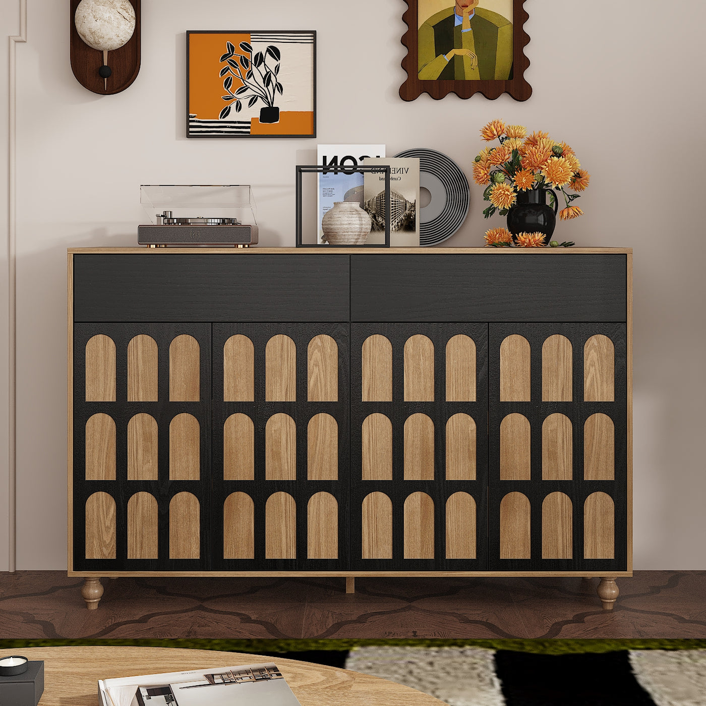 59" Mid-century Black Sideboard with 2 Drawers and 4 Doors