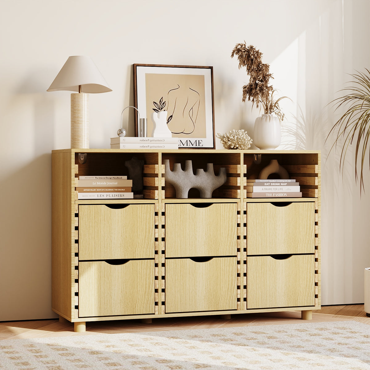 47.2" Rustic Natural Wood Sideboard with 6 Drawers & 3 Shelves
