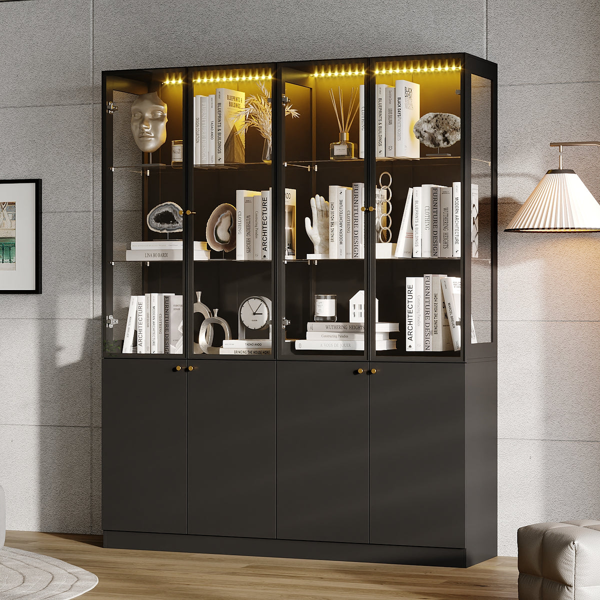 63" Modern Black Display Bookcase with LED Light and Glass Doors