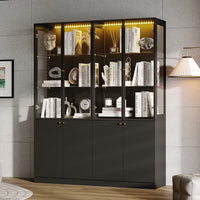 63" Modern Black Display Bookcase with LED Light and Glass Doors