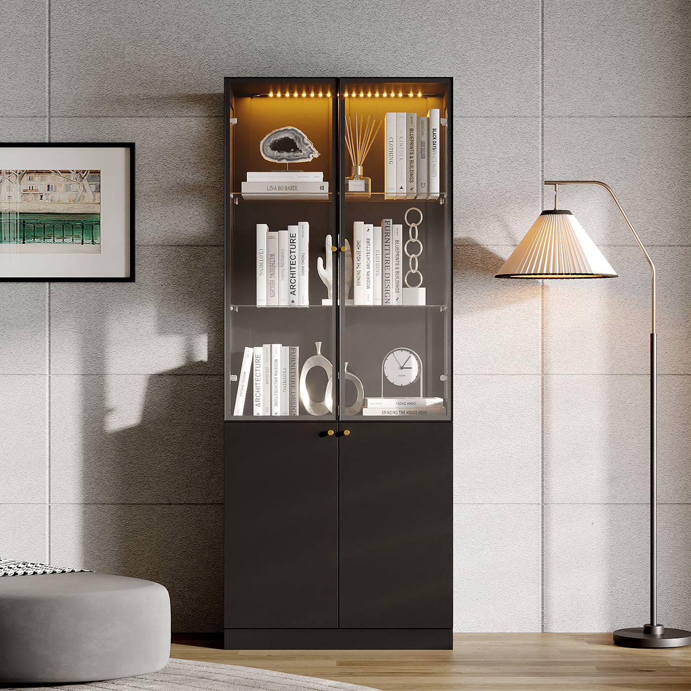 31.5" Modern Black Display Bookcase with LED Light and Glass Doors