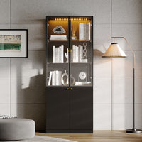 31.5" Modern Black Display Bookcase with LED Light and Glass Doors