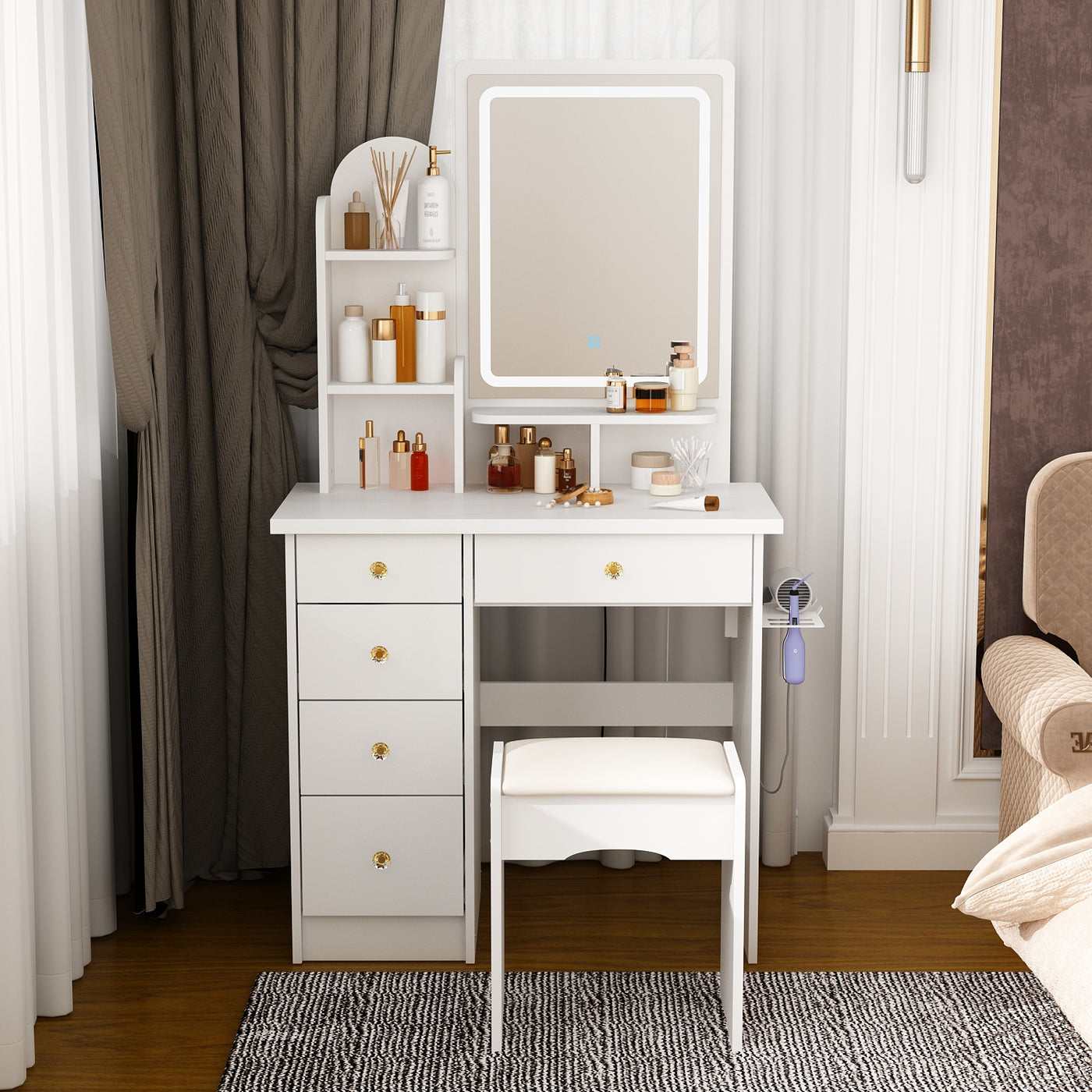 31.5" Modern White Glam Makeup Vanity Set with Socket, LED Light and Stool