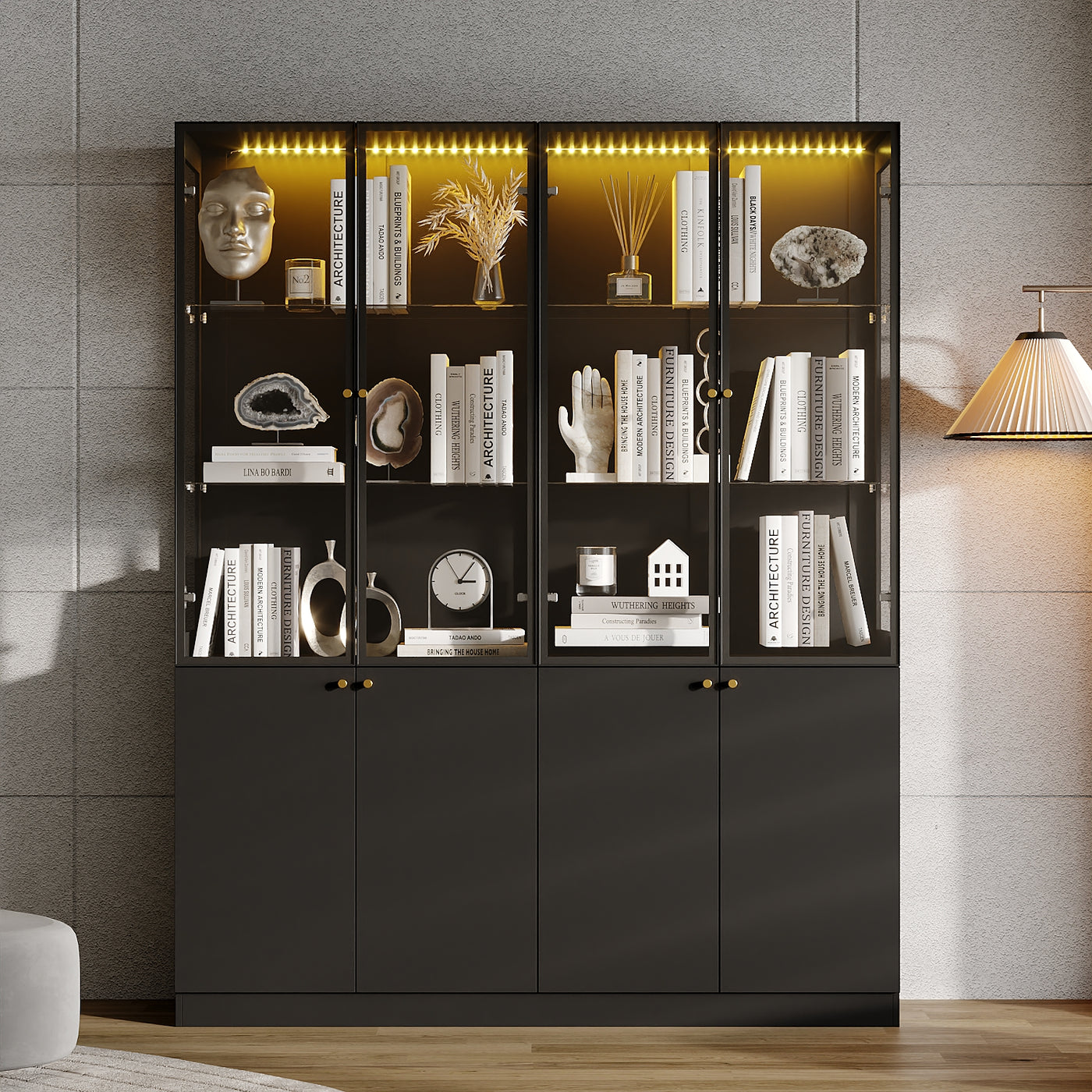 63" Modern Black Display Bookcase with LED Light and Glass Doors