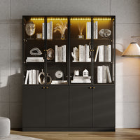63" Modern Black Display Bookcase with LED Light and Glass Doors