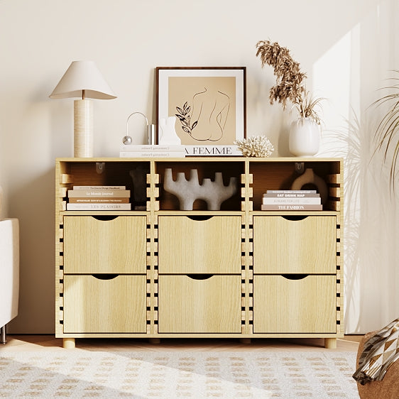 47.2" Rustic Natural Wood Sideboard with 6 Drawers & 3 Shelves