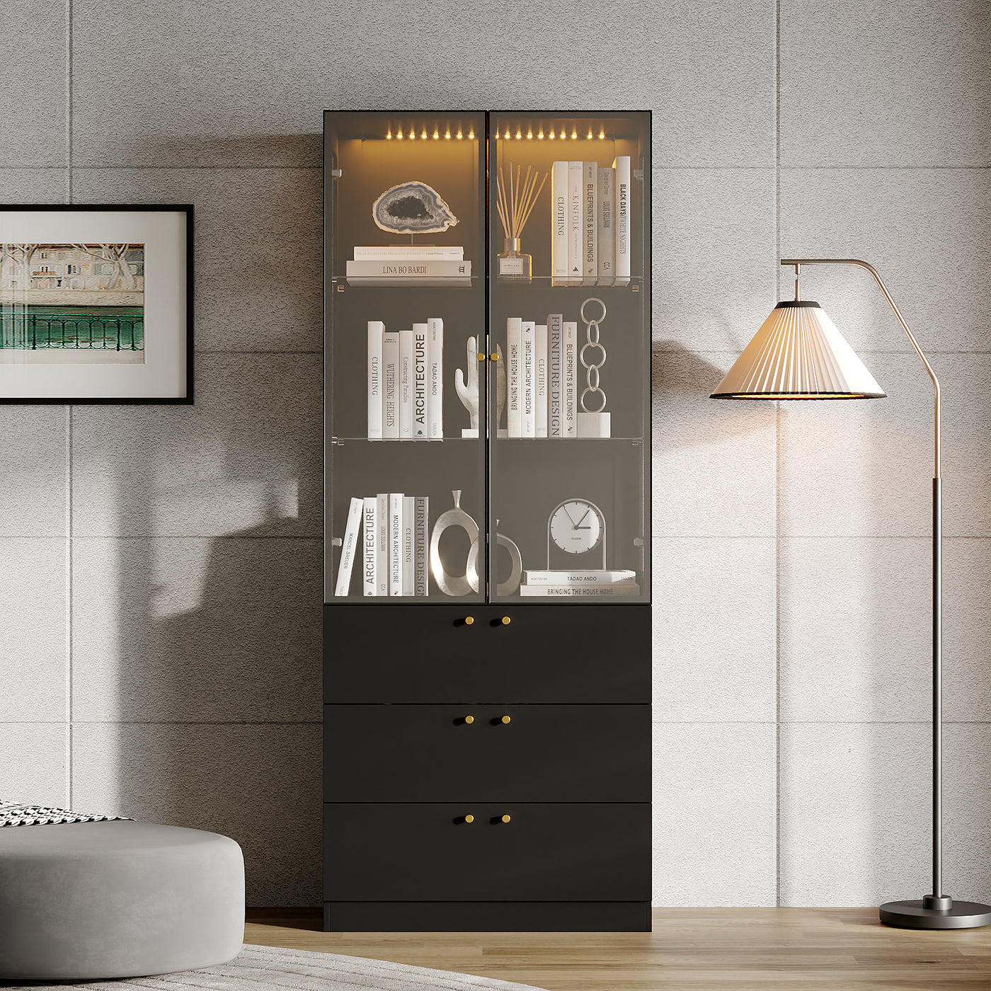 31.5" Modern Black Display Bookcase with LED Light and Glass Doors